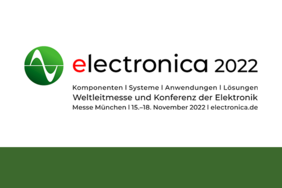 Logo der electronica 2022 mit grünem Balken am unteren Bildrand