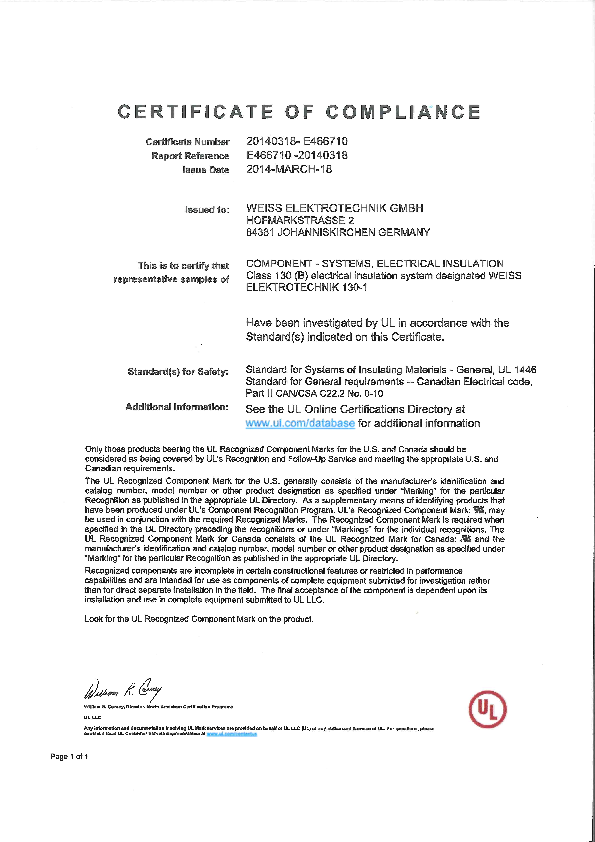 UL-Zertifikat zum Isoliersystem der Weiss Elektrotechnik GmbH